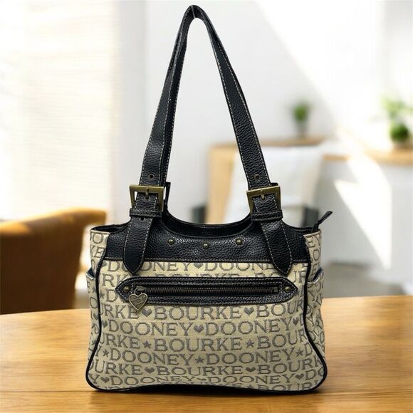 Dooney Bourke Tote Bag Tan Canvas  Black Lettering Leather Handbag Adjustable - Picture 14 of 14